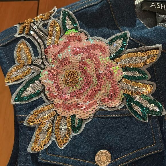 Ashro sleeveless Dress denim look faux patch pockets buttondown sequin stretch 8 - Picture 11 of 17